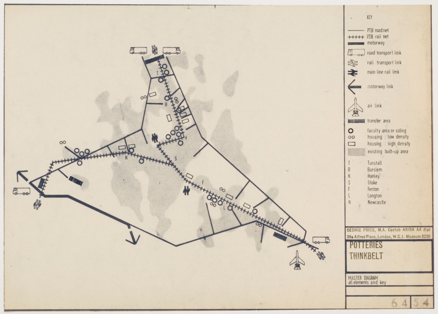 Cedric Price, Potteries Thinkbelt: diagramme, entre 1963 et 1966, diazotype sur papier, 30,3 x 42,2 cm, DR1995:0216:233, Fonds Cedric Price, Centre canadien d’architecture © CCA.