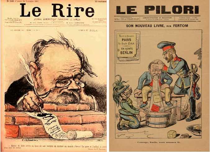 Charles Léandre, « Émile Zola écrivant “J’accuse” », Le Rire, 20 novembre 1897 et Fertom, « Son nouveau livre », Le Pilori, 27 mars 1898. Source : Gallica.   Épuisé ou malade, le corps de Zola - duquel sortent littéralement ses dernières œuvres - est maintenant d’abord et avant tout un corps médiatique.