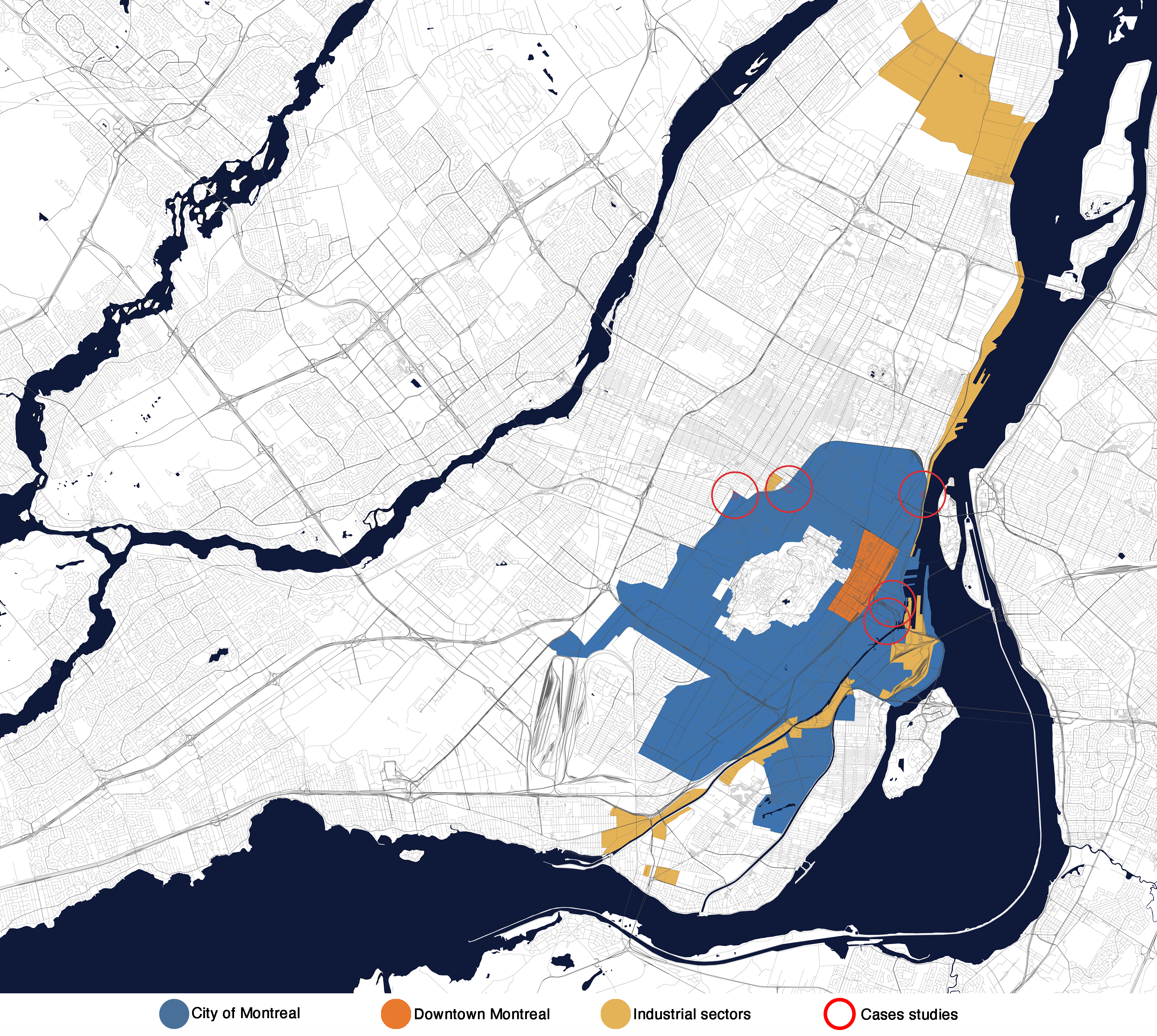 Montreal map with the case studies location (credits: Charles Cauchon and Alice Covatta)