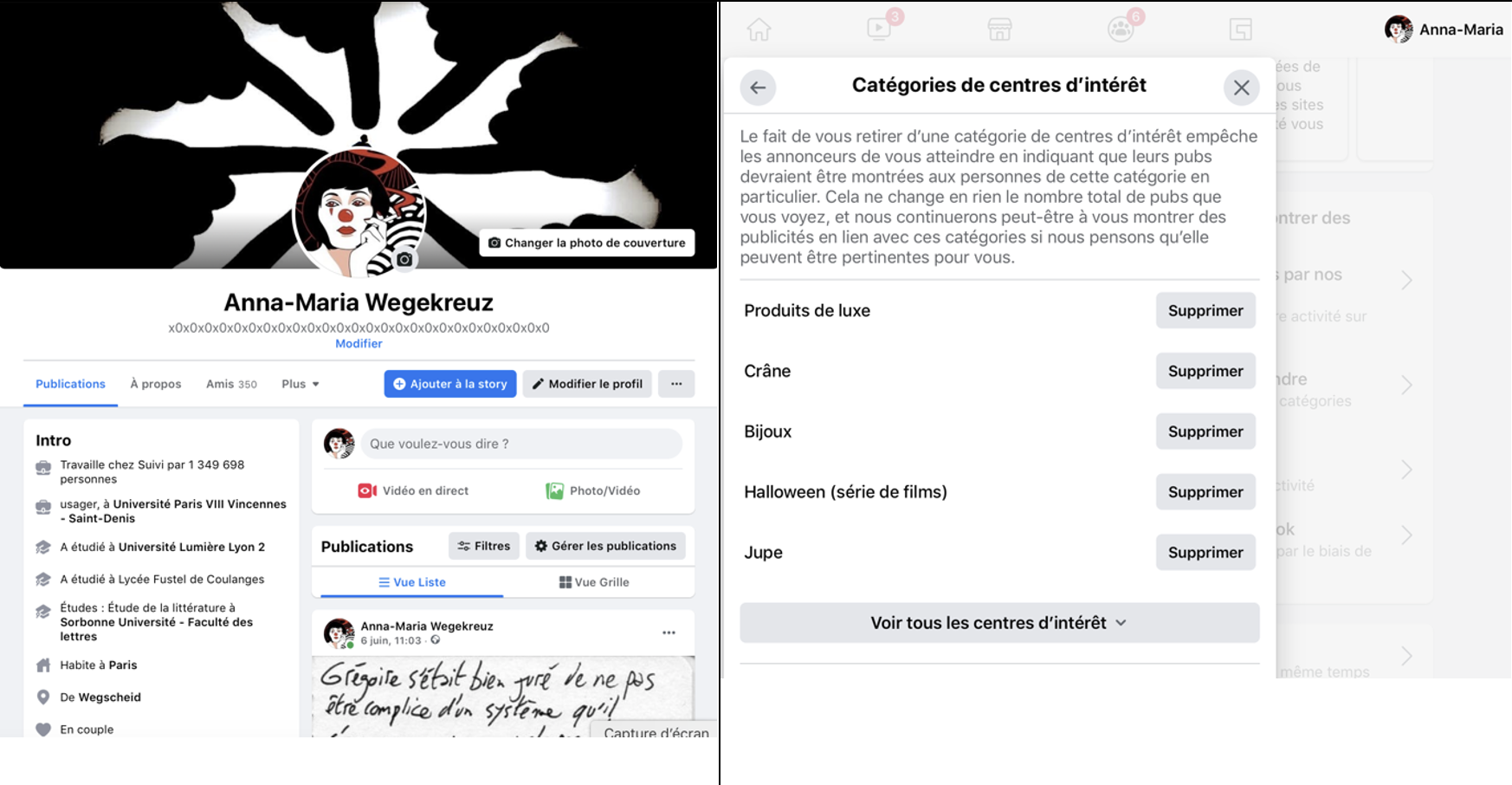 Le profil déclaré et le profil d’ombre d’Anna-Maria Wegekreuz sur Facebook.