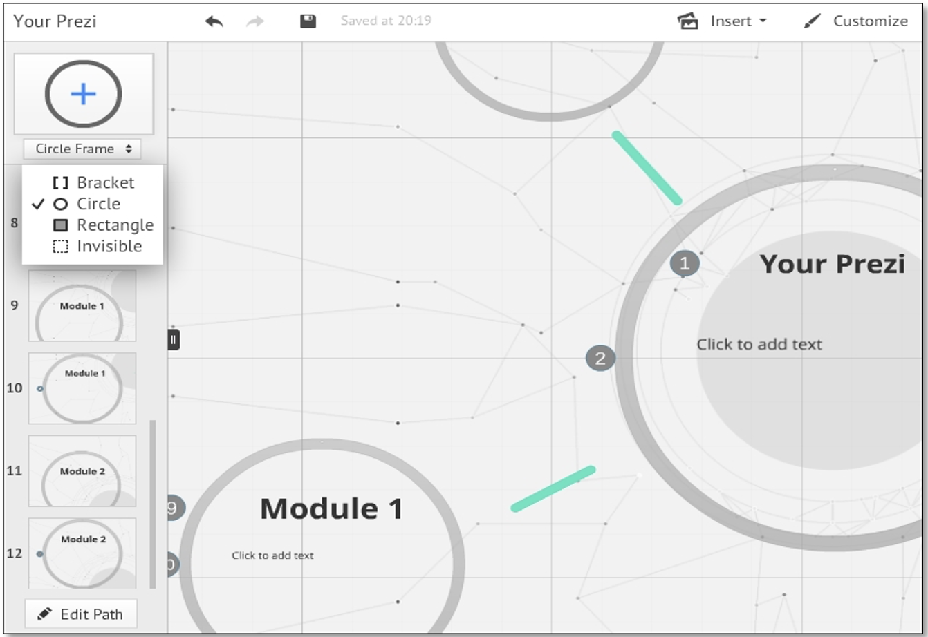 Prezi et sa « carte conceptuelle », sur laquelle l’auteur·e dispose des fragments qu’il ou elle peut relier entre eux, mais qu’il ou elle peut aussi naviguer dans d’autres sens.