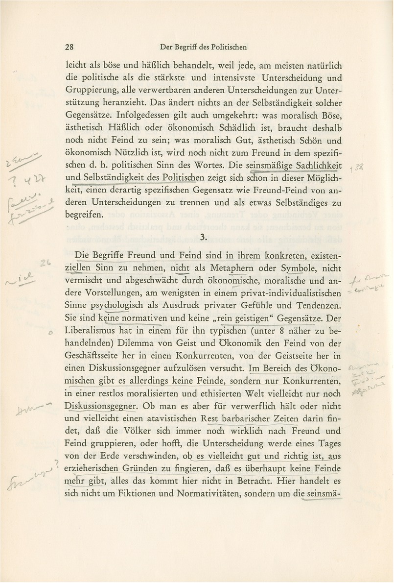 Extrait de l’exemplaire personnel de Koselleck du livre de Carl Schmitt, La Notion de politique, Berlin, 1963. Source : Deutsches Literaturarchiv (DLA), Marbach-sur-le-Neckar