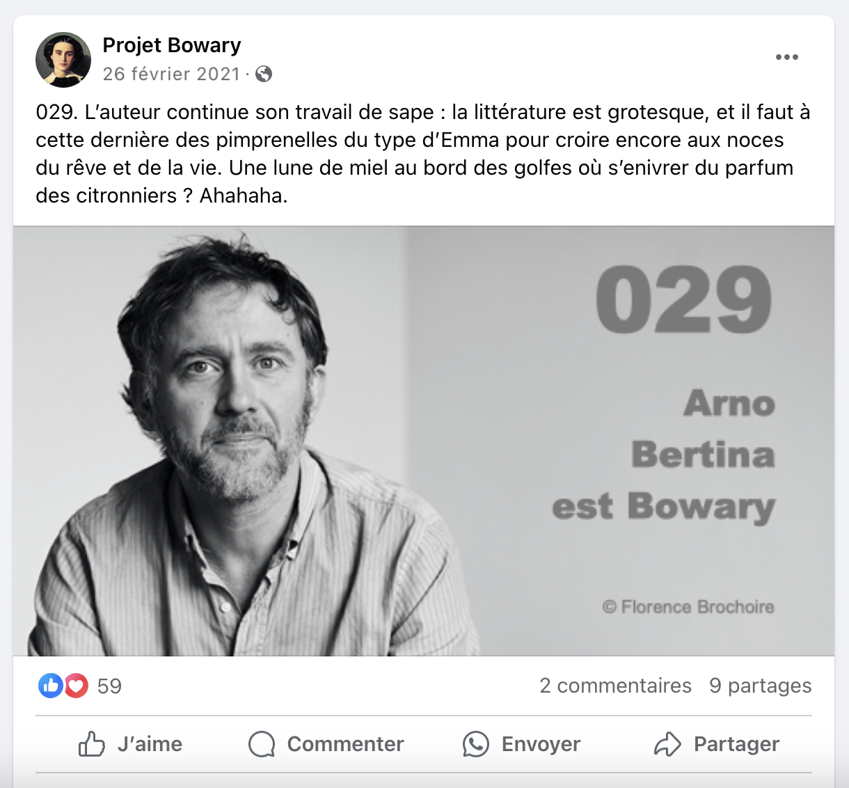 Page Facebook du Projet Bowary, reproduisant le tweet 29 par Arno Bertina